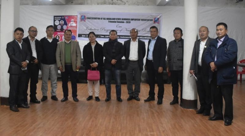 Newly installed office bearers of Confederation of All Nagaland State Service Employees’ Association during its triennial session 2020 held at the CANSSEA Conference hall, Themezie, Kohima on November 27. (DIPR Photo)